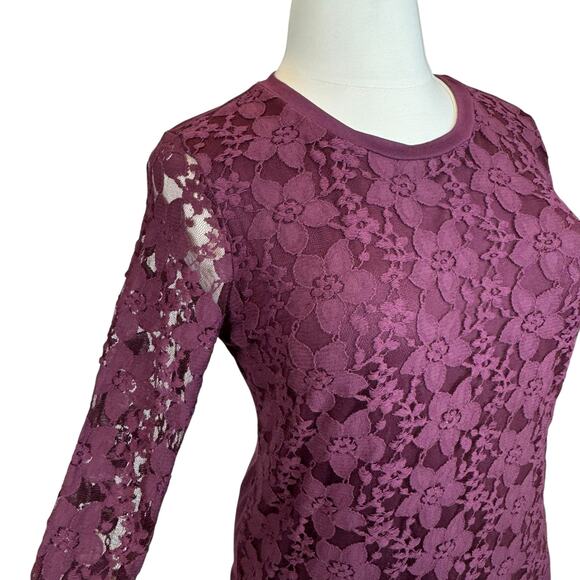Adrianna Papell Lace Overlay Crew Neck Long Sleeve Top in Merlot Women's Large - Picture 6 of 15
